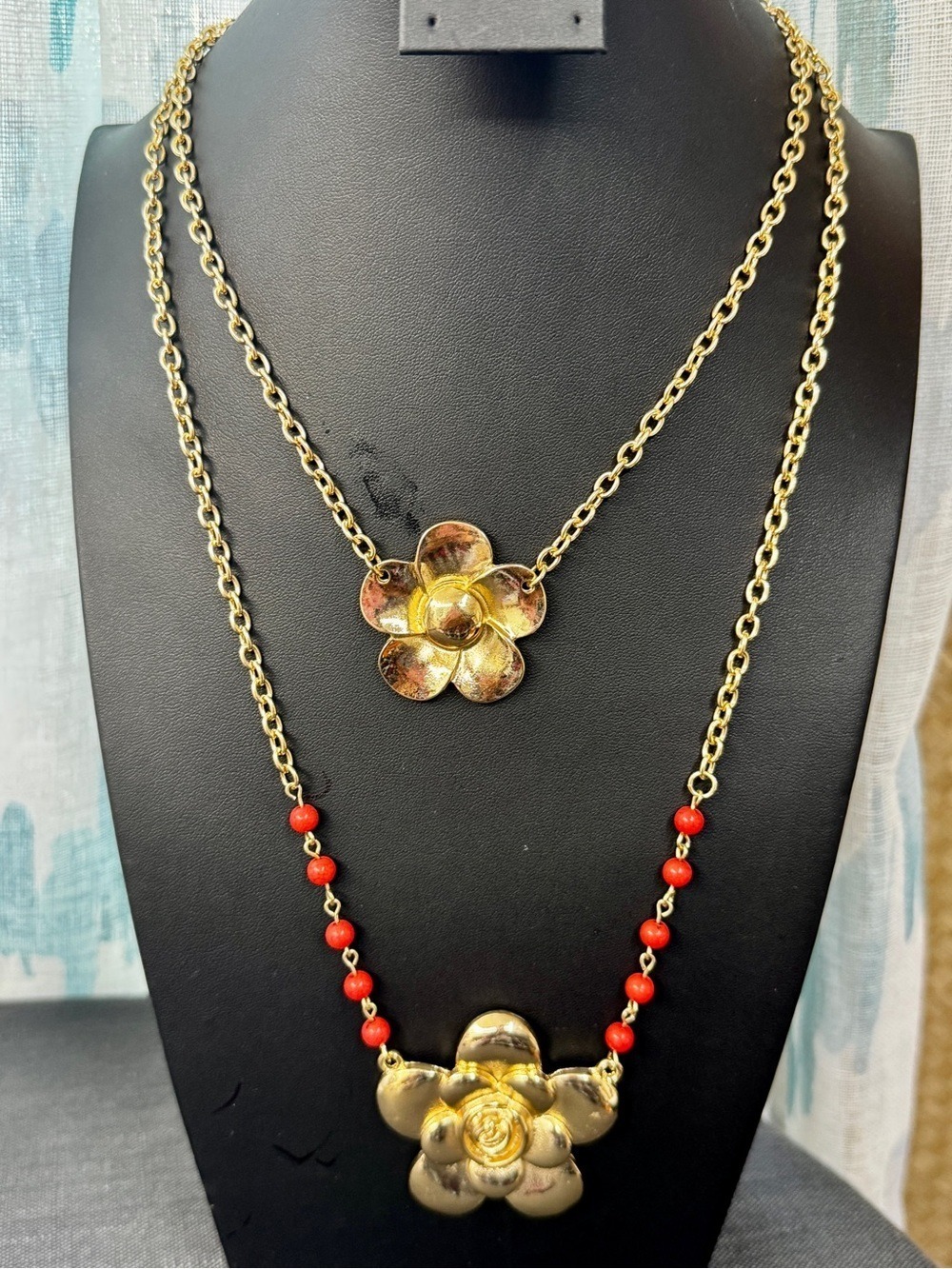 Gold Floral Double-Layer Necklace with Red Bead Accents